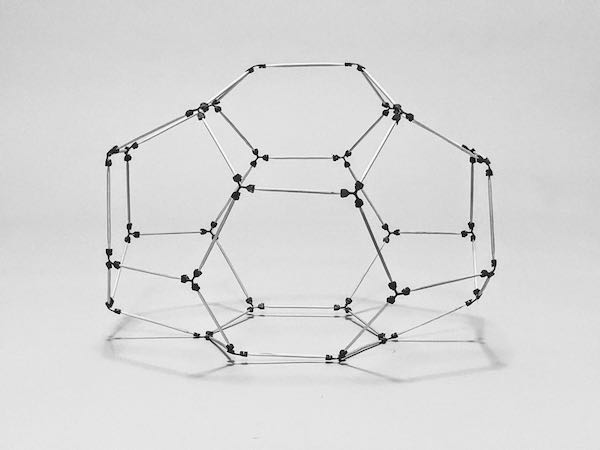 model of a carbon 30 fullerene molecule tetrahedron made using sparx connectors and toothpicks