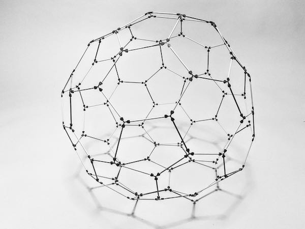 model of a chamfered dodecahedron or carbon 80 fullerene molecule made using sparx connectors and toothpicks